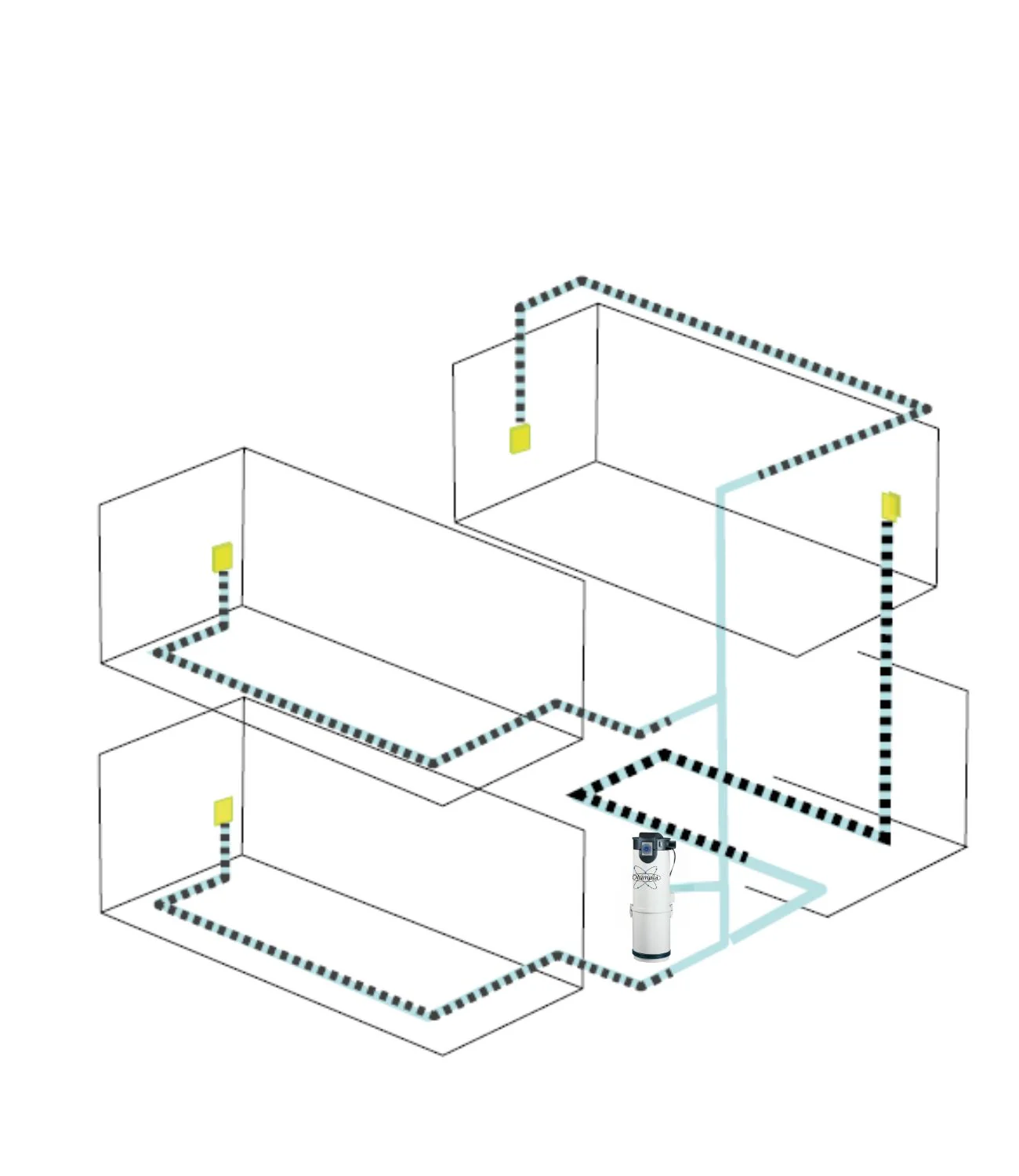 Illustration isométrique d'une maison sur deux niveaux avec le réseau de tubes PVC, les prises murales et la centrale d'aspiration