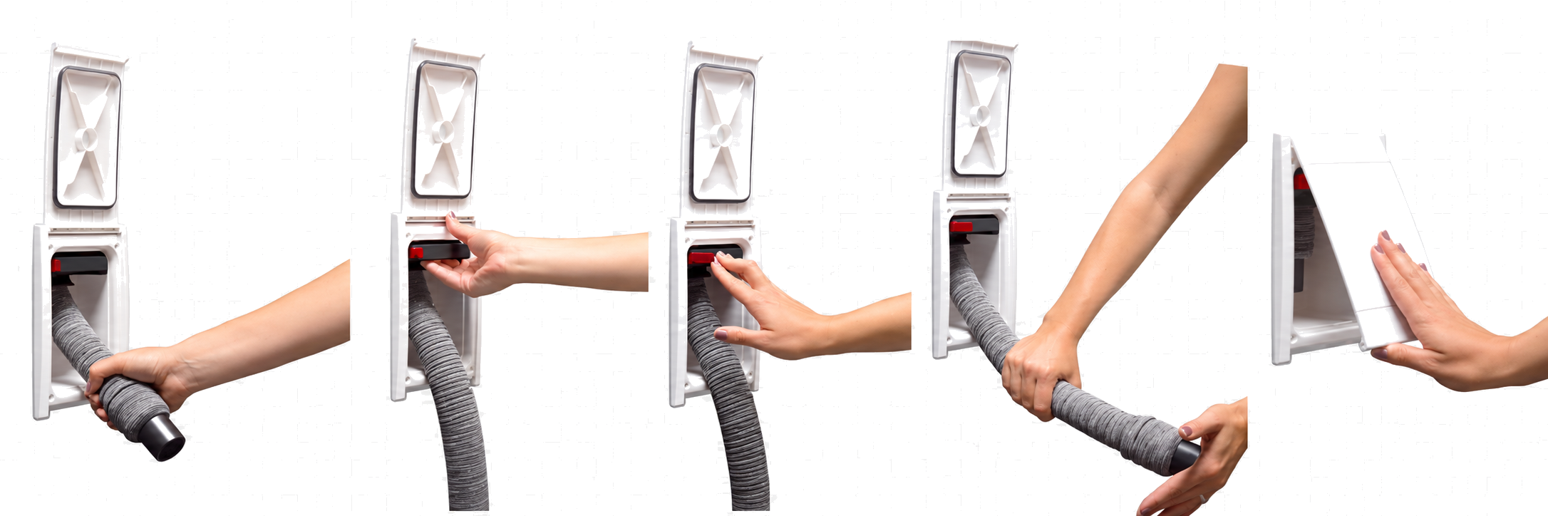 Les cinq gestes d'utilisation du flexible rétractable : ouvrir la trappe du boîtier mural, tirer la longueur utile, bloquer le flexible, aspirer, puis rétracter pour que la centrale réaspire le flexible dans son réseau