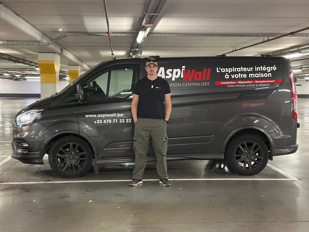 AspiWall technician and service van — central vacuum in Jette