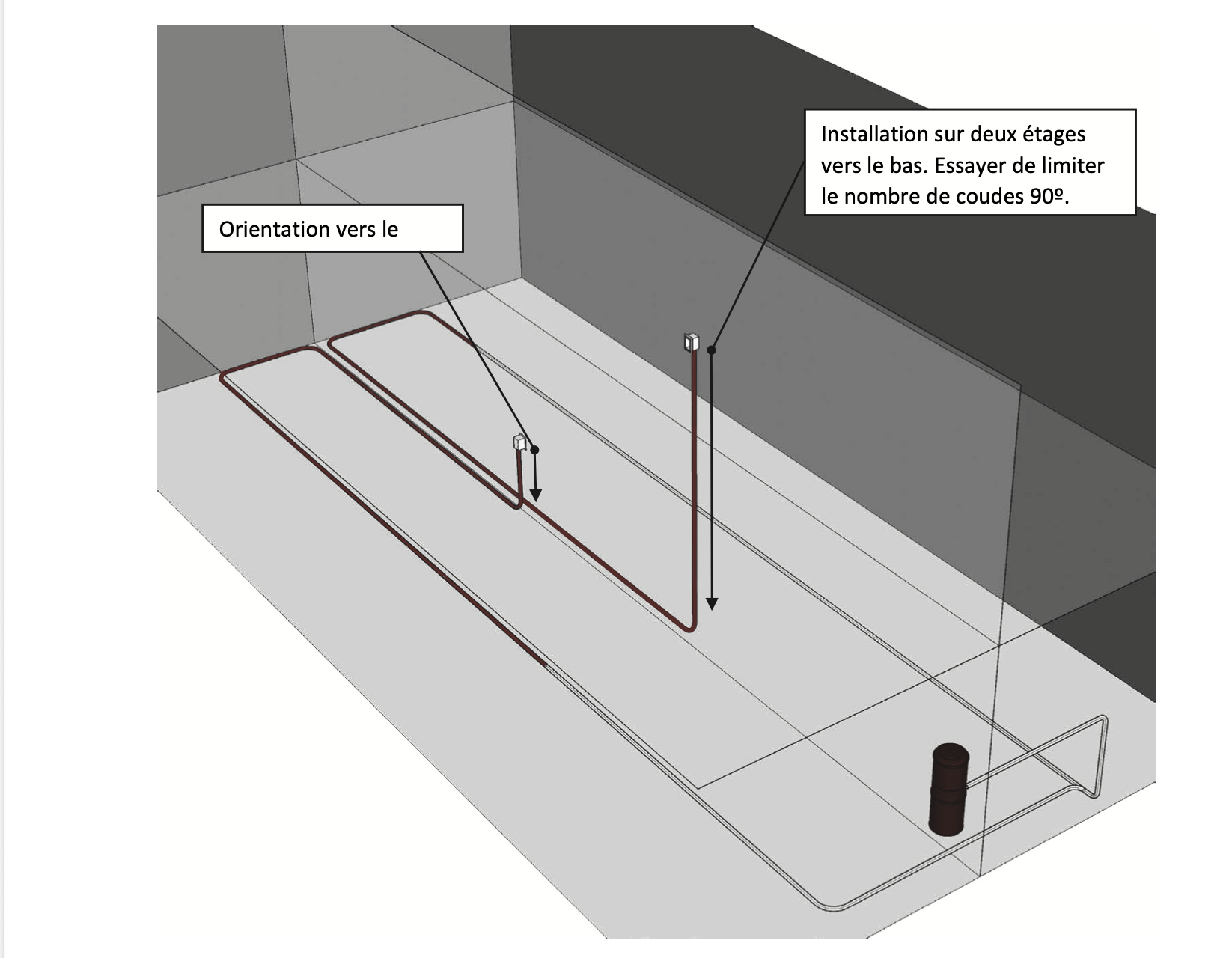 Installation d'un flexible rétractable sur deux étages, conduit orienté vers le bas