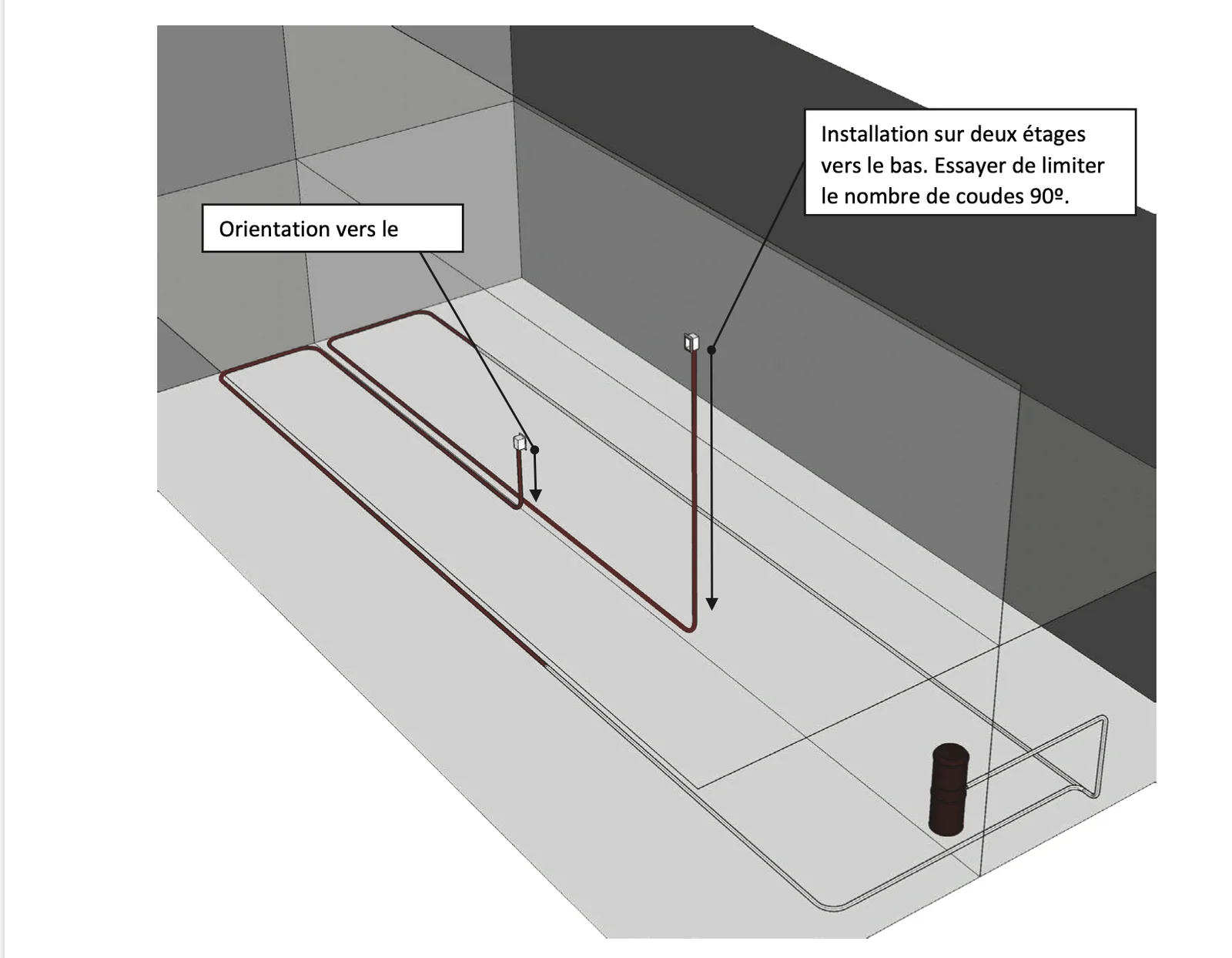 Installation d'un flexible rétractable sur deux étages, conduit orienté vers le bas