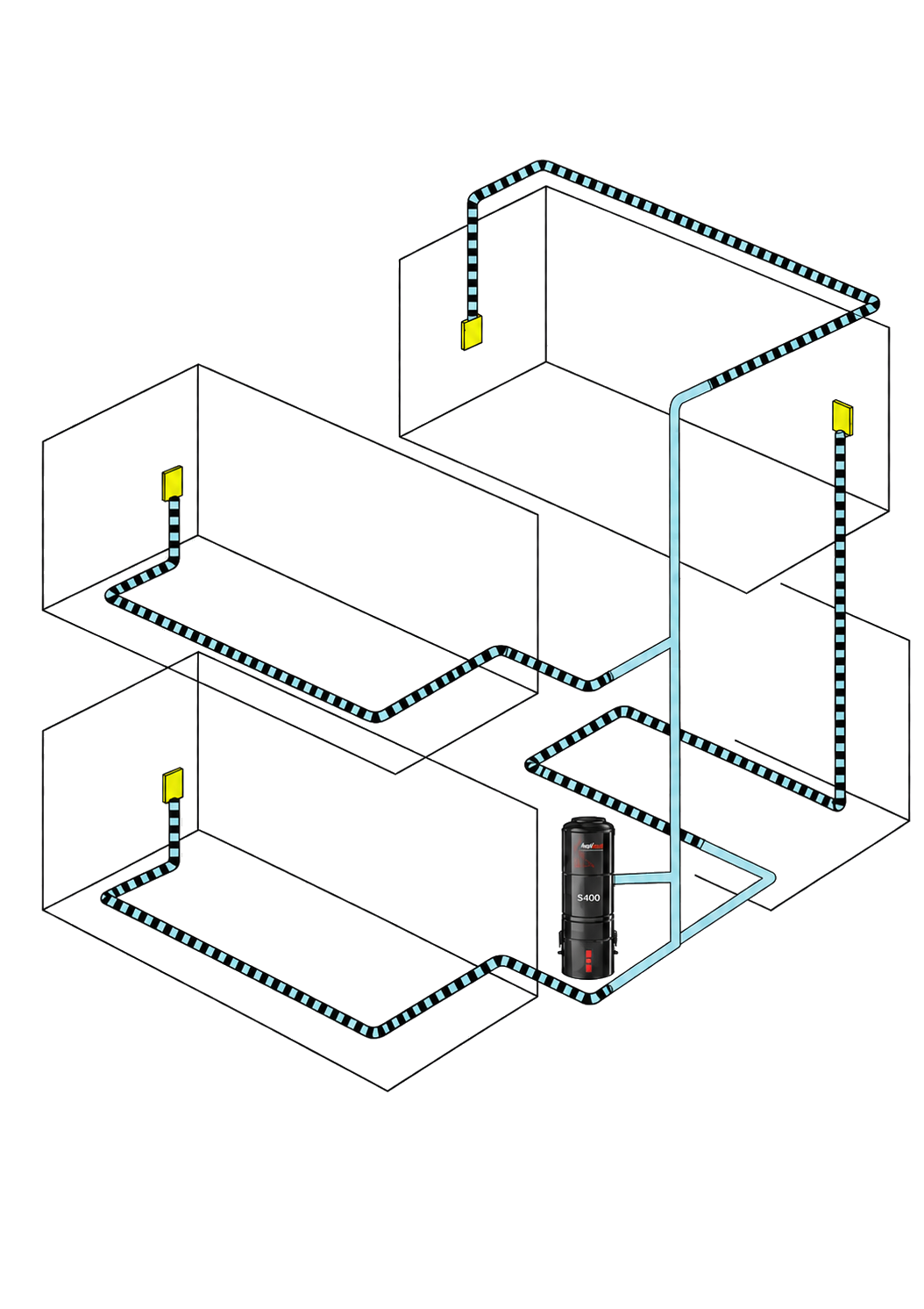 Schéma d'ensemble d'une maison à plusieurs niveaux avec la centrale et le réseau de flexibles rétractables jusqu'aux boîtiers de chaque pièce