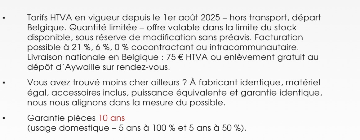 Conditions tarifaires AspiWall : tarifs HTVA en vigueur depuis le 1er août 2025, livraison, garantie pièces 10 ans et politique d'alignement de prix
