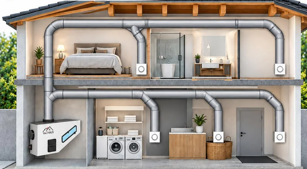 Exemple de réseau PVC sur deux niveaux d'une maison, avec l'appareil Vachaus au rez-de-chaussée et des prises murales à chaque pièce