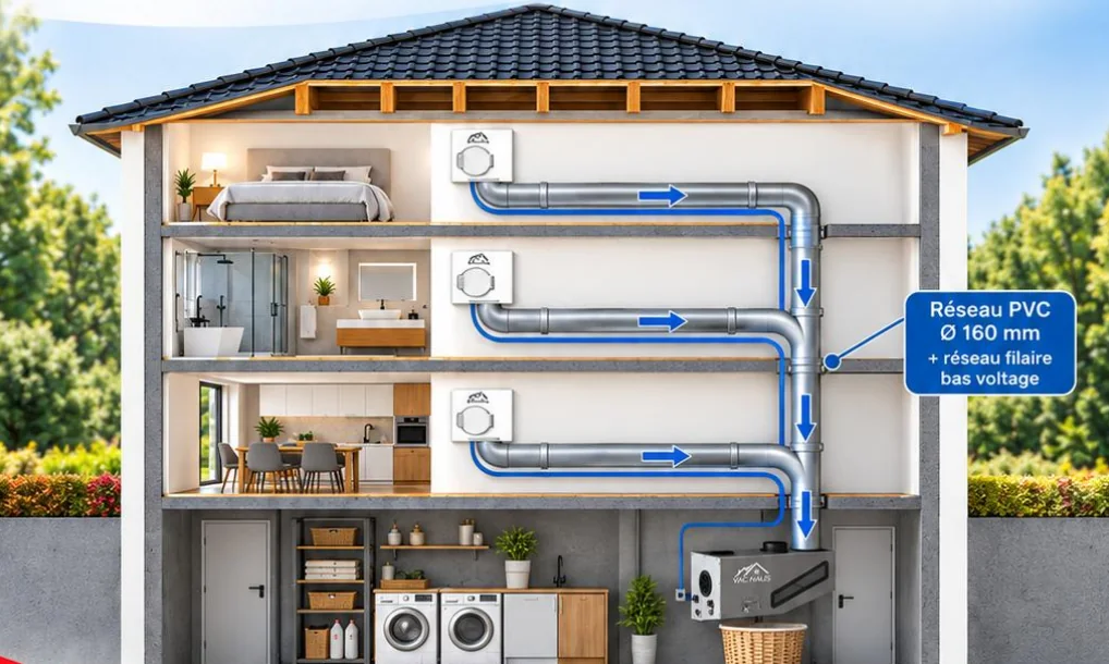Coupe d'une maison sur quatre niveaux : prises murales aux étages, réseau PVC de 160 mm et appareil Vachaus à la buanderie