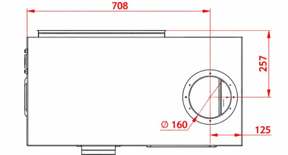 Plan coté de l'appareil Vachaus vu de dessus : position de l'entrée d'air de 160 mm
