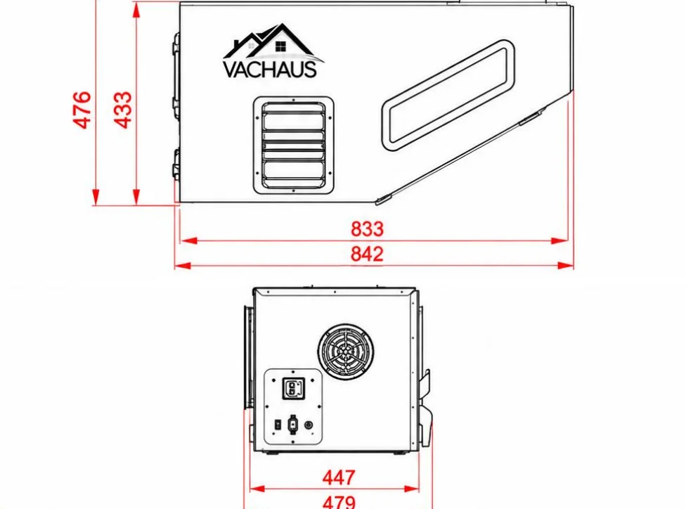 Plan coté de l'appareil Vachaus, vue de face et vue latérale : encombrement maximal 842 × 479 × 476 mm