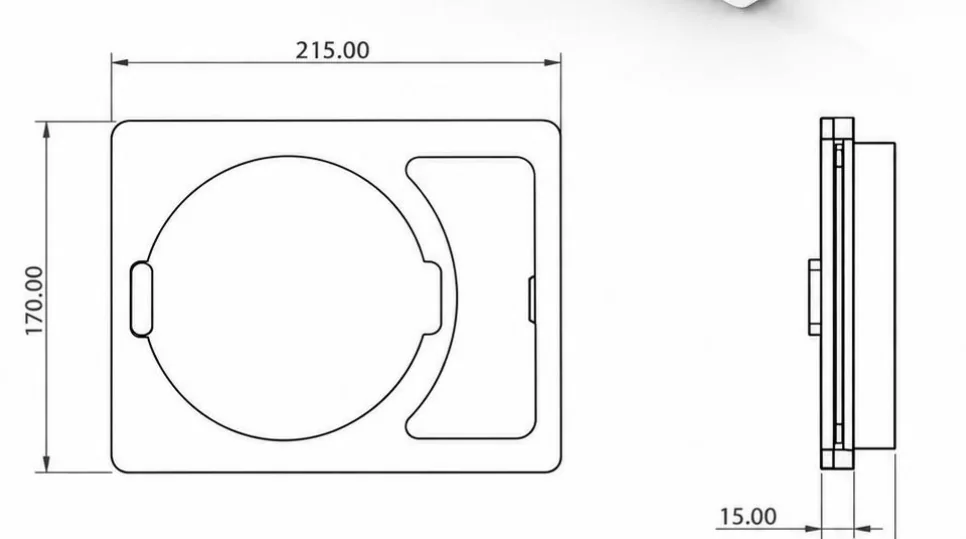 Plan coté de la prise murale Vachaus : 215 mm sur 170 mm