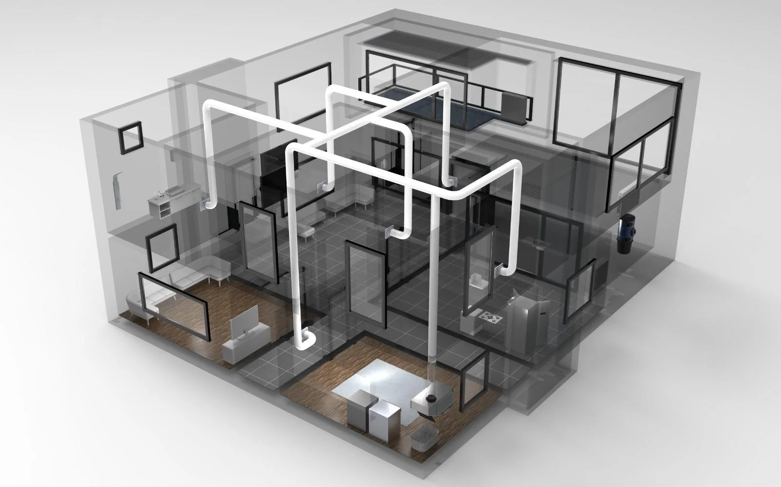 Illustration en transparence d'une maison avec un réseau de tubes blancs reliant plusieurs pièces et des prises murales