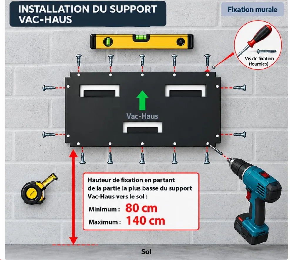 Schéma de fixation du support mural de l'appareil, entre 80 et 140 cm du sol
